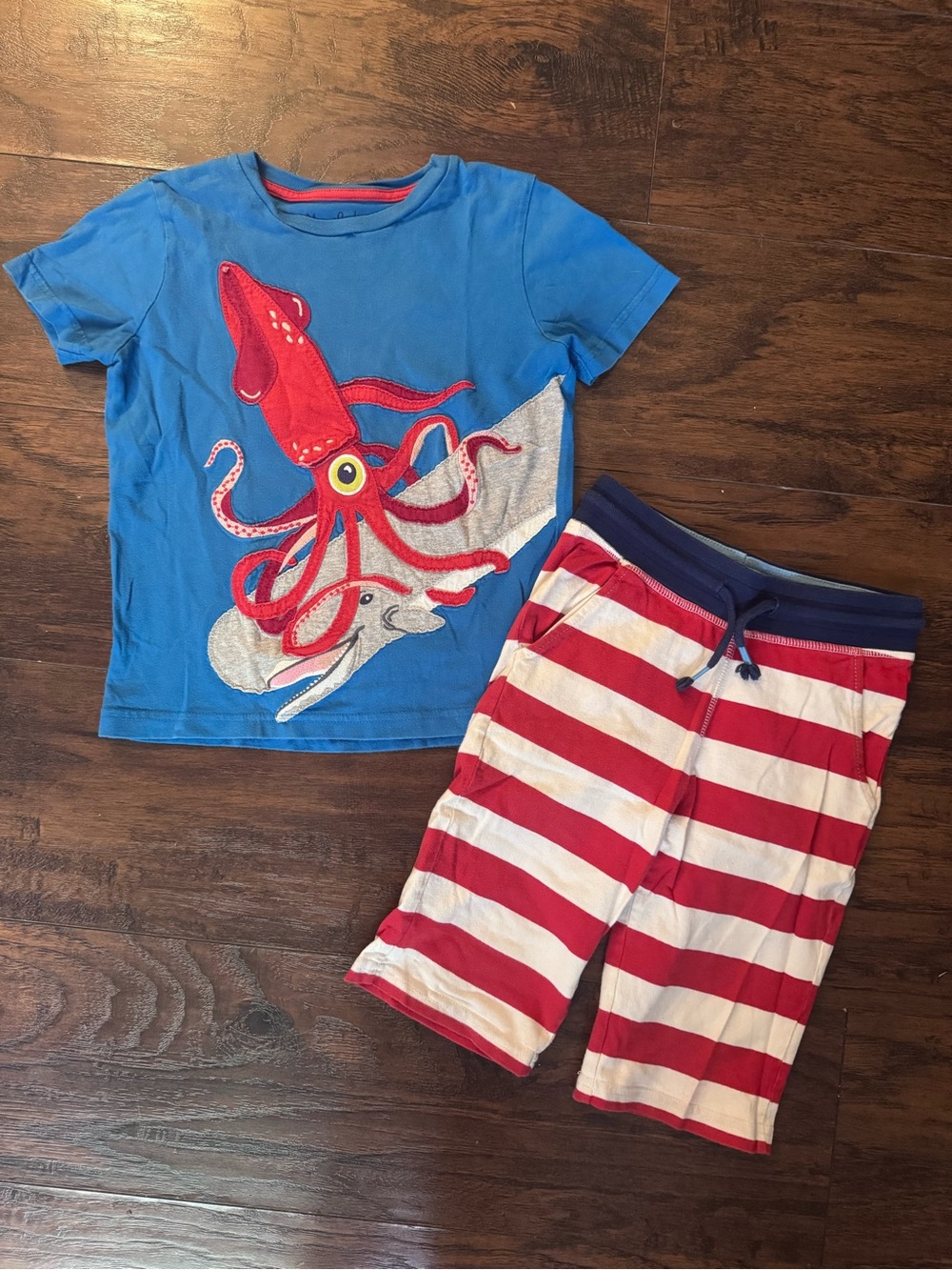 Mini Boden Blue Tee with Red Octopus & Red-White Striped Shorts